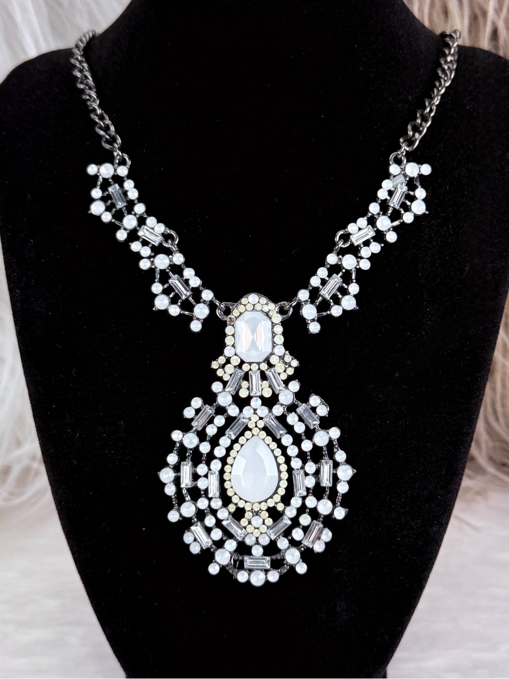 Gunmetal Tone White Statement Pendant Necklace Faceted Accents